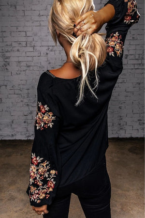 Embroidered Balloon Sleeve Top