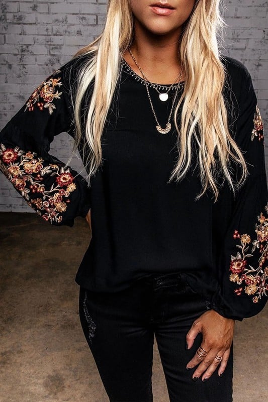 Embroidered Balloon Sleeve Top