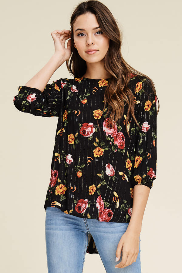 Black Floral 3/4 Sleeve Top