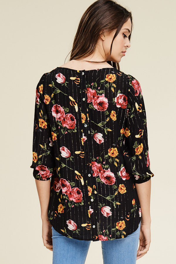 Black Floral 3/4 Sleeve Top